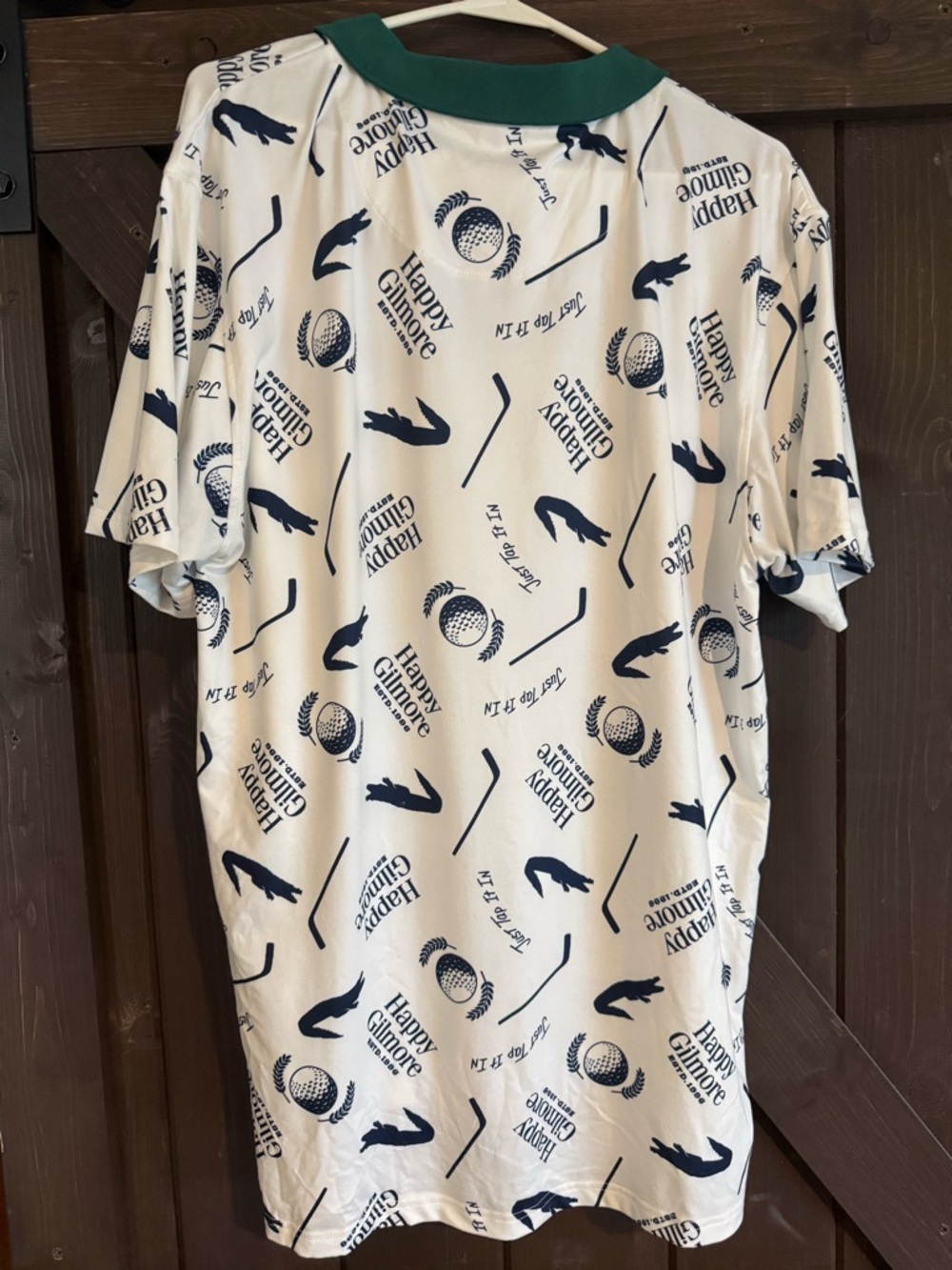 Happy Gilmore Golf Print Polo in White & Navy with Green Collar - Picture 2 of 2